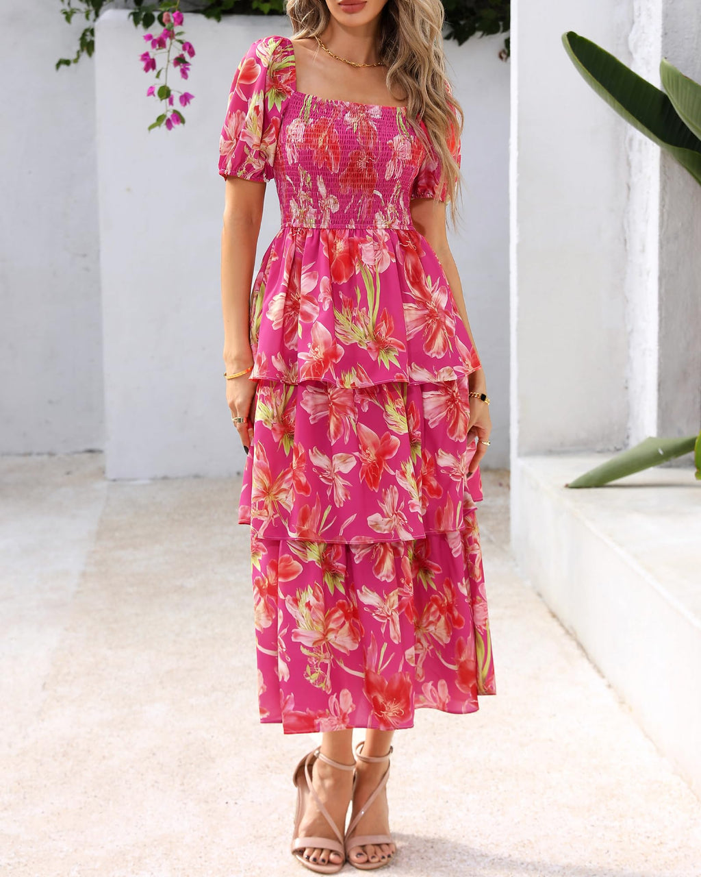 BTFBM Womens Square Neck Smocked Dress Summer Puff Short Sleeve Floral Casual Ruffle Tiered Maxi Wedding Guest Dresses