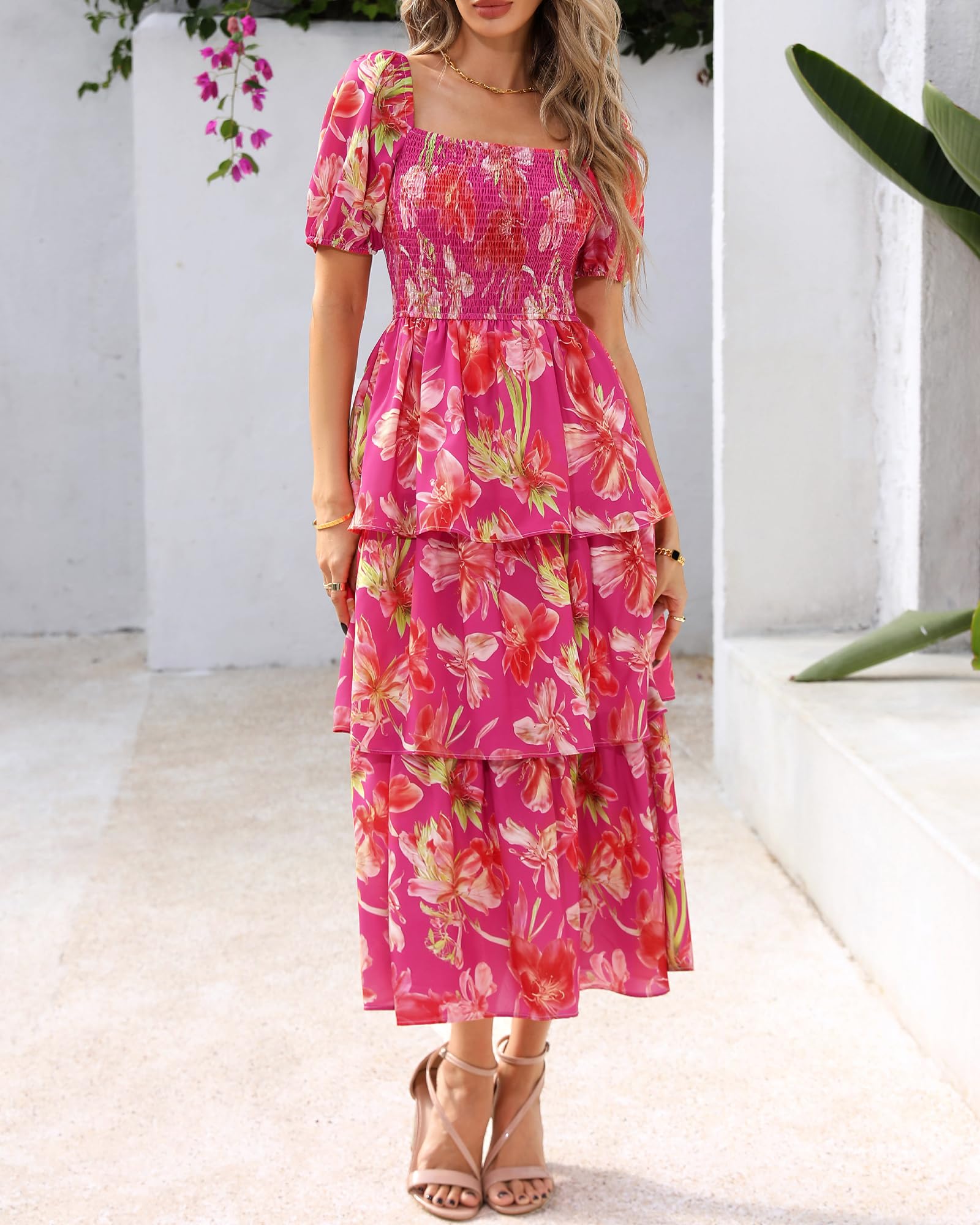 BTFBM Womens Square Neck Smocked Dress Summer Puff Short Sleeve Floral Casual Ruffle Tiered Maxi Wedding Guest Dresses