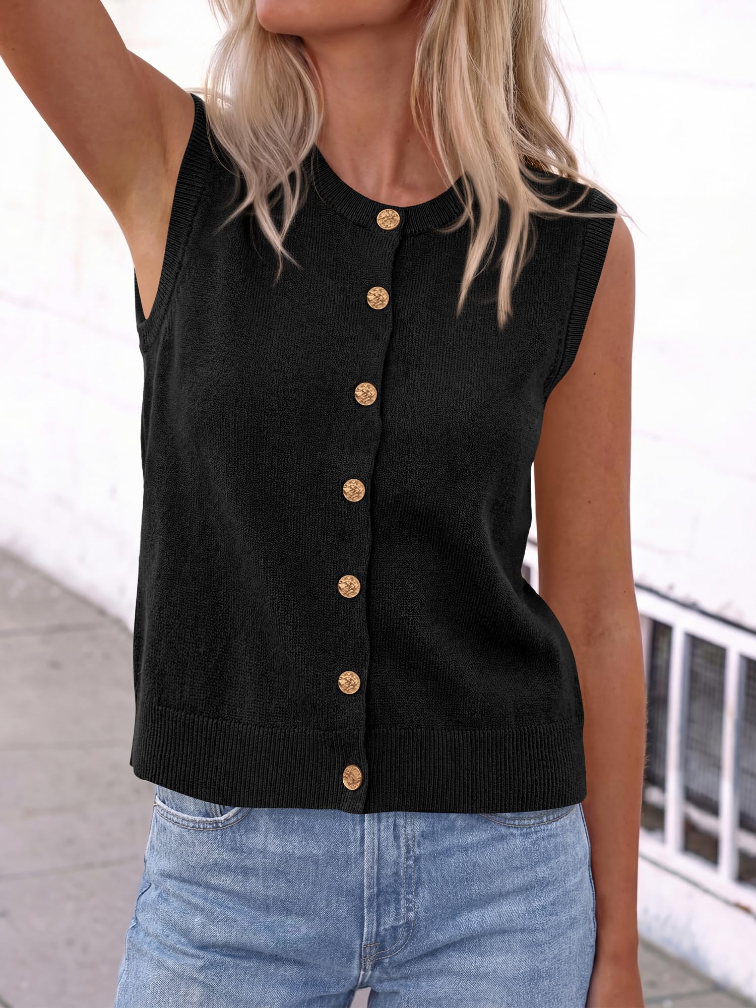 BTFBM Sweater Vest Women Casual Crewneck Loose Button Down Knit Sleeveless Cardigan Spring Clothes Summer Vest Tops