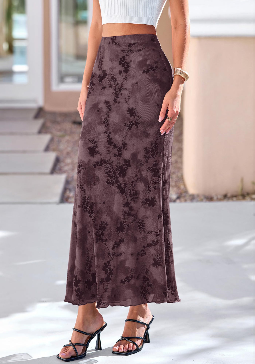 BTFBM Womens Floral Mesh Maxi Skirt Spring Summer Elastic High Waisted Boho Elegant Mermaid Long Skirts for Women