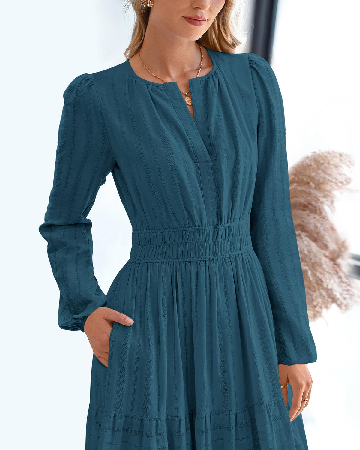 BTFBM Spring Dresses for Women 2026 Casual Long Sleeve V Neck Elastic Waist Lightweight Maxi Wedding Guest Dress Pockets
