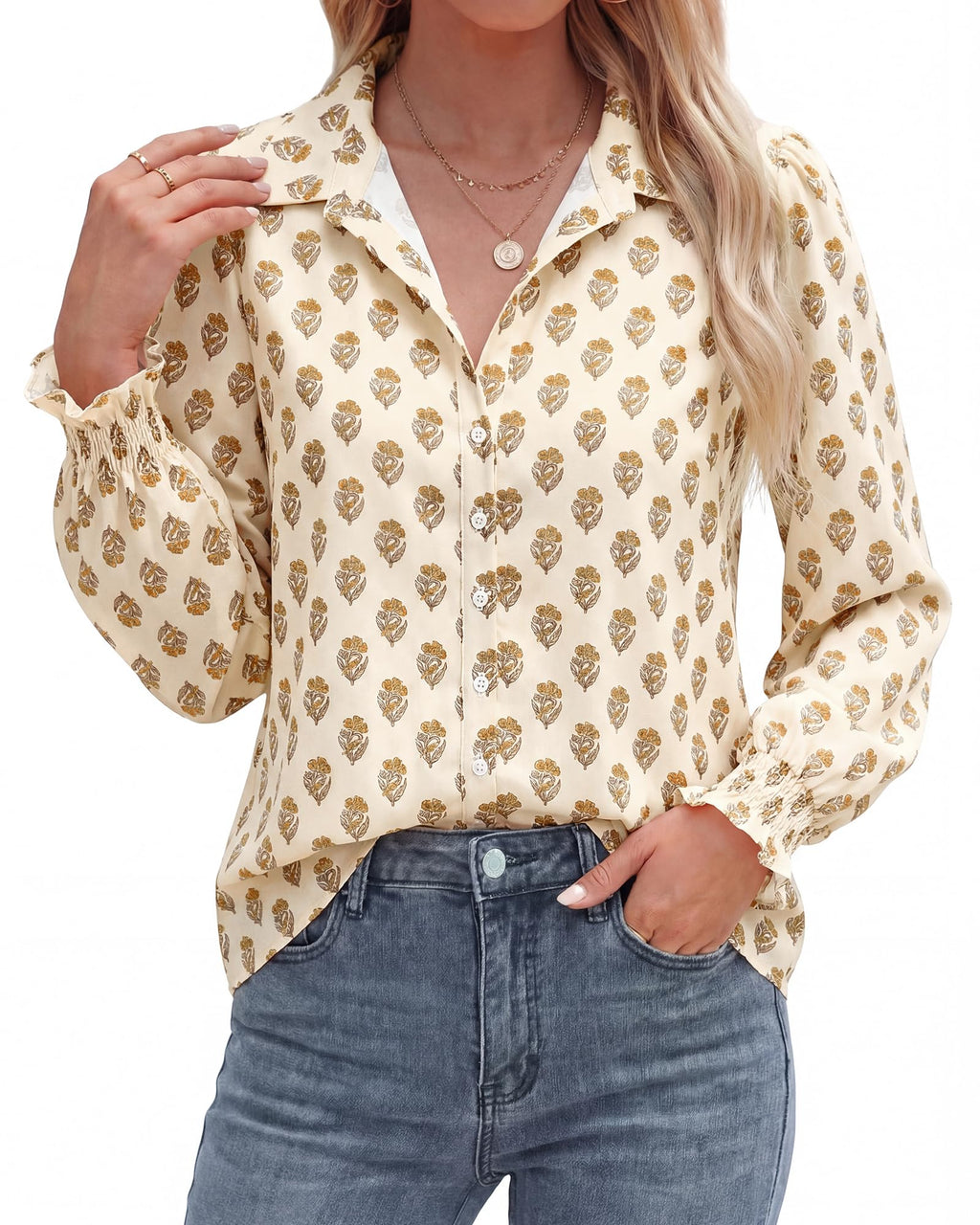 BTFBM Long Sleeve Blouses for Women, Floral V Neck Button Down Shirts, Smocked Cuffs, Business Casual Summer Outfits