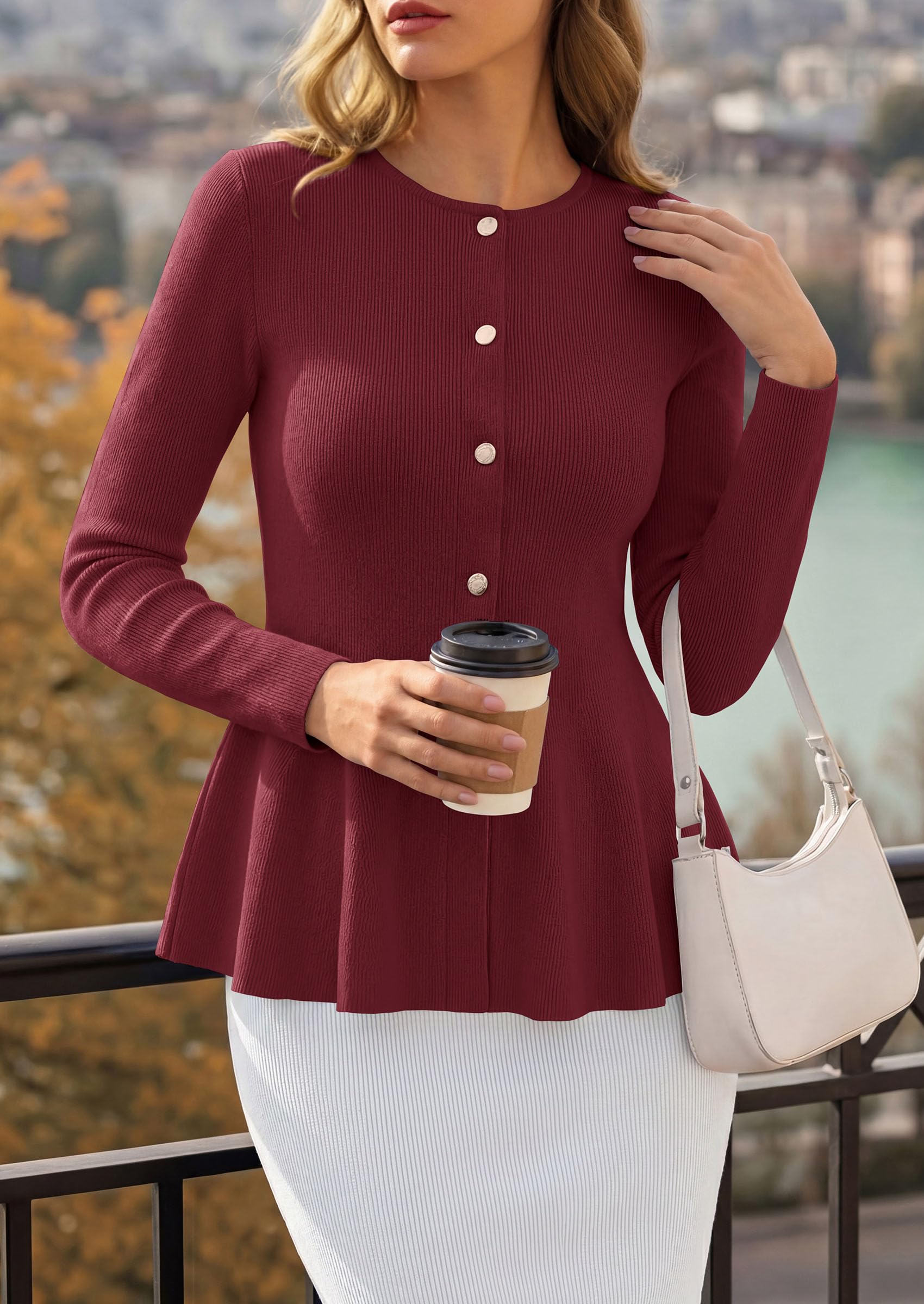 PRETTYGARDEN Women's Fall Lightweight Cardigan Sweaters | Long Sleeve Peplum Tops, Button Up, Slim Fitted, Flared Hem, Soft Ribbed Knit, Business Casual Outfits, Winter Trendy Clothes