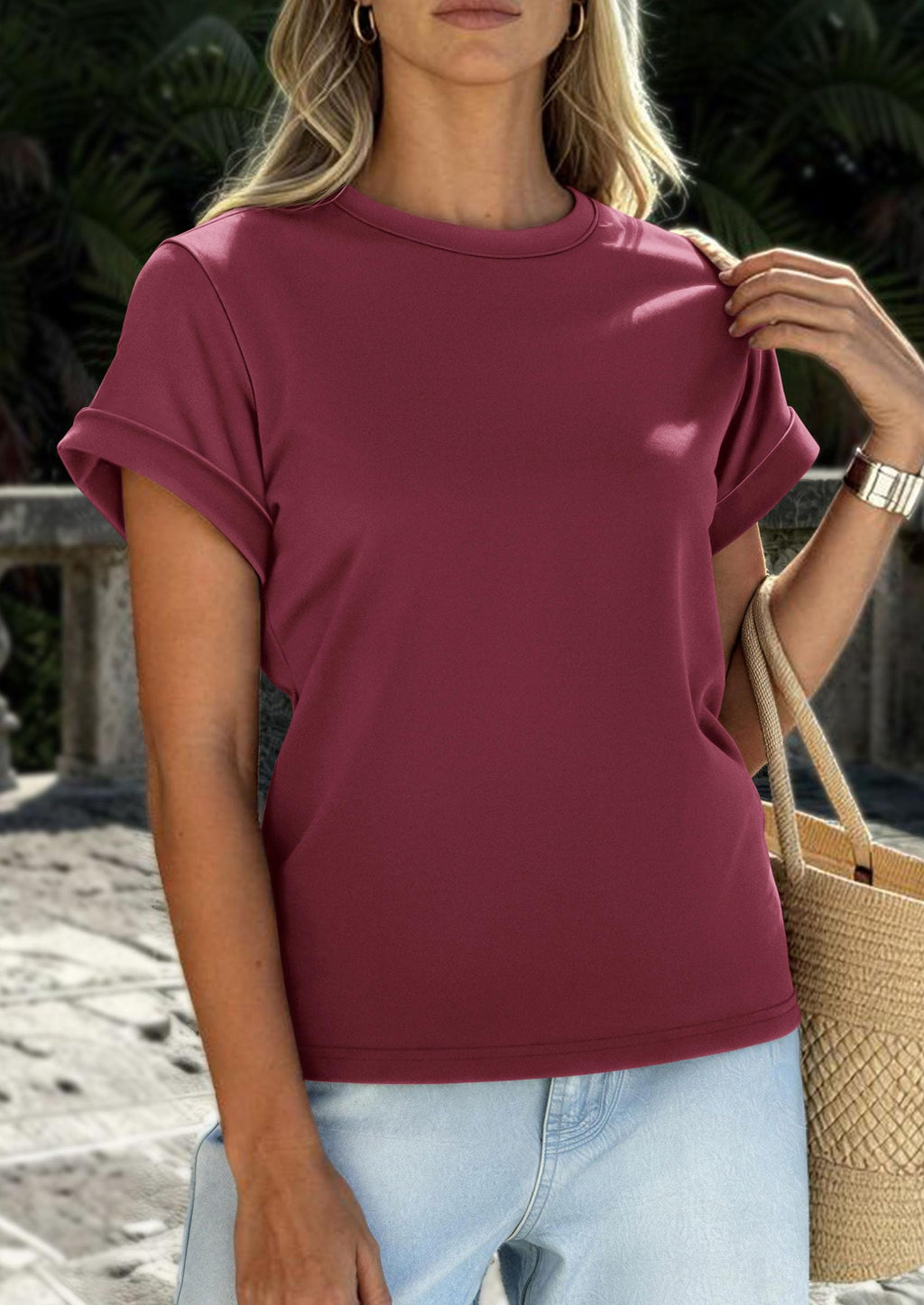 PRETTYGARDEN Womens Summer Tops Spring Casual Rolled Short Sleeve Basic Tees Crew Neck Work Shirts Fashion Clothing