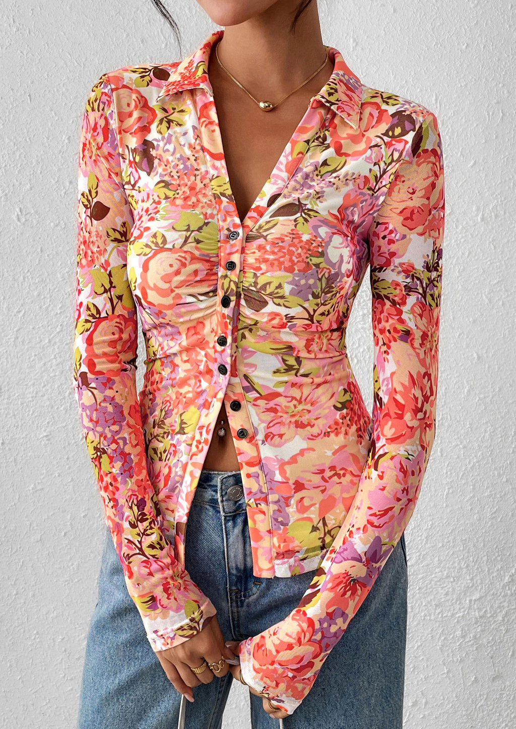 PRETTYGARDEN Women Button Down Floral Shirts Fall Trendy Long Sleeve V Neck Mesh Boho Blouse Spring Tops Date Outfits