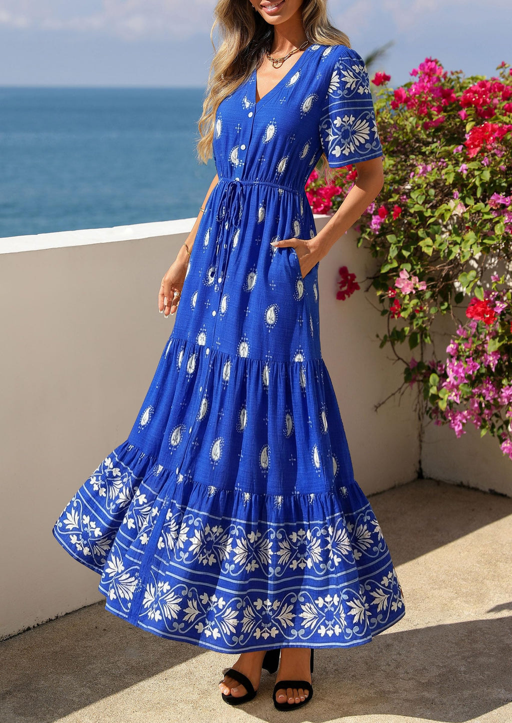 PRETTYGARDEN Womens Summer Boho Maxi Dress Trendy Short Sleeve V Neck Flowy Beach Floral Dresses with Pockets