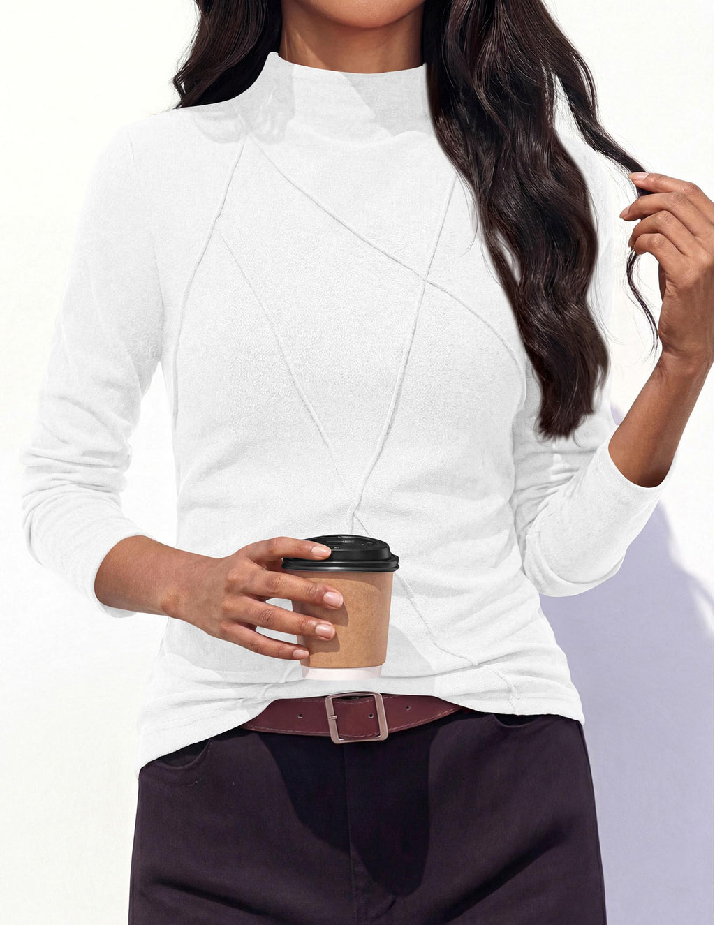 PRETTYGARDEN Women's Fall Mock Neck Long Sleeve Shirts | Soft Stretchy Knit,Geometric Seam Stitching,Slim Fitted Basic Tees,Thermal Casual Wear,Daily Work Layering Winter Tunic Top