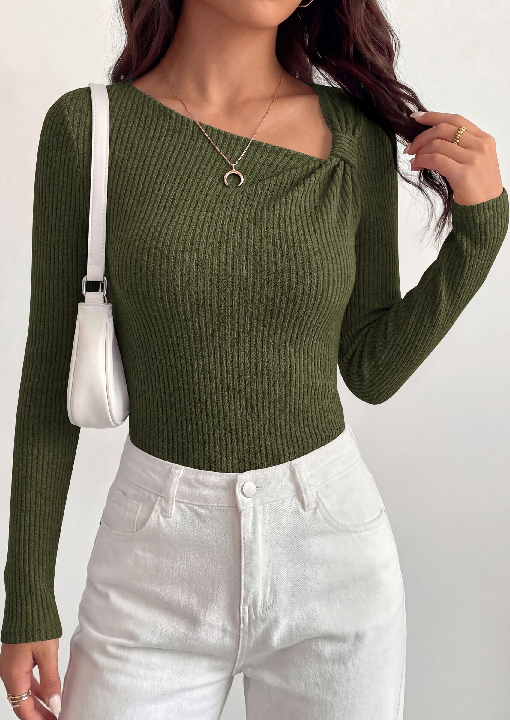 PRETTYGARDEN Womens  Early Fall Fashion Long Sleeve T Shirts Asymmetrical Ribbed Fitted Trendy Going Out Tops Y2K Outfits