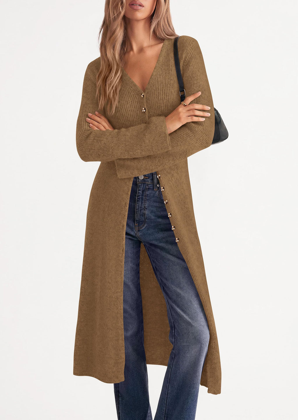 PRETTYGARDEN Women Long Cardigan Bell Sleeve Sweater Dress Early Fall Fashion, V Neck Button Down Coats, Fit and Flare, Duster Sweater, Acrylic Cotton Blend