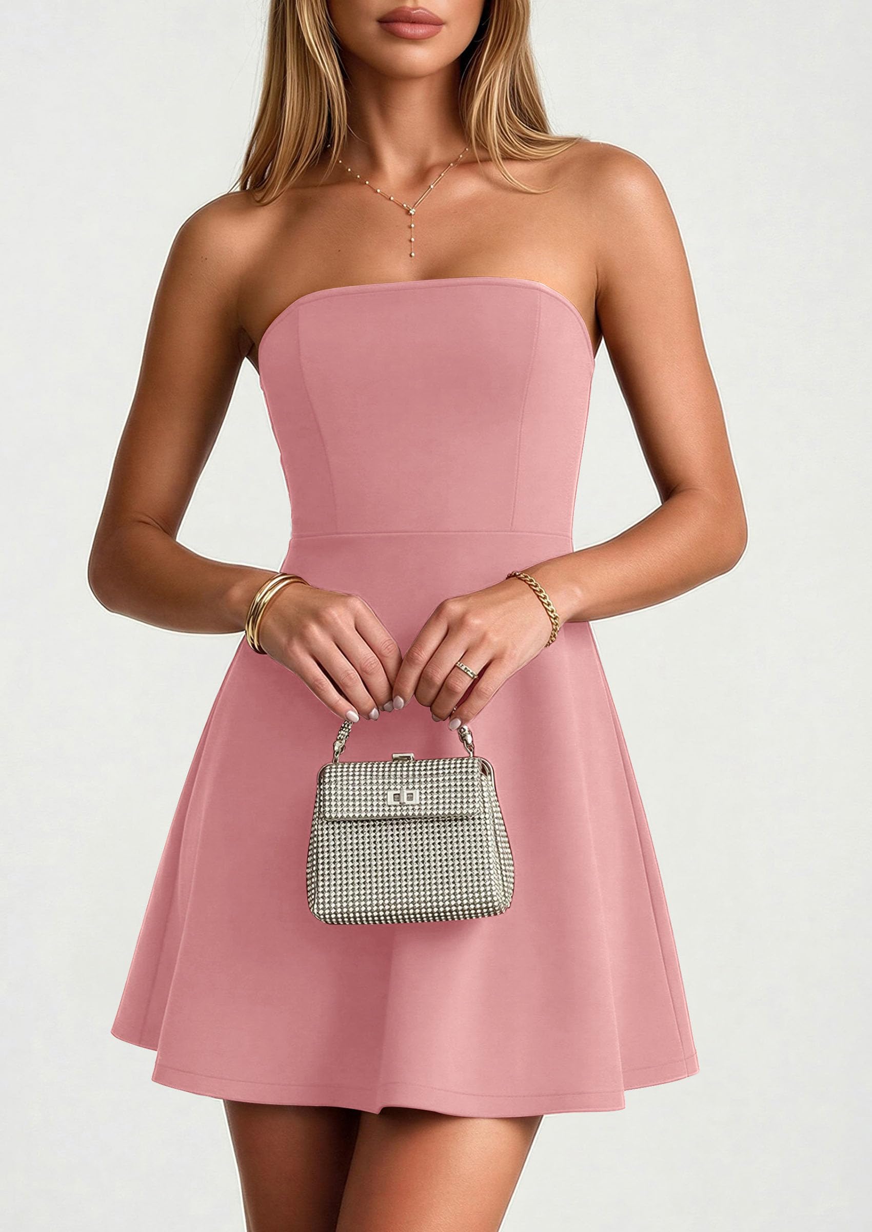 PRETTYGARDEN Women's Strapless Mini Summer Dress  Spring A Line Tube Top Wedding Guest Cocktail Party Short Dresses