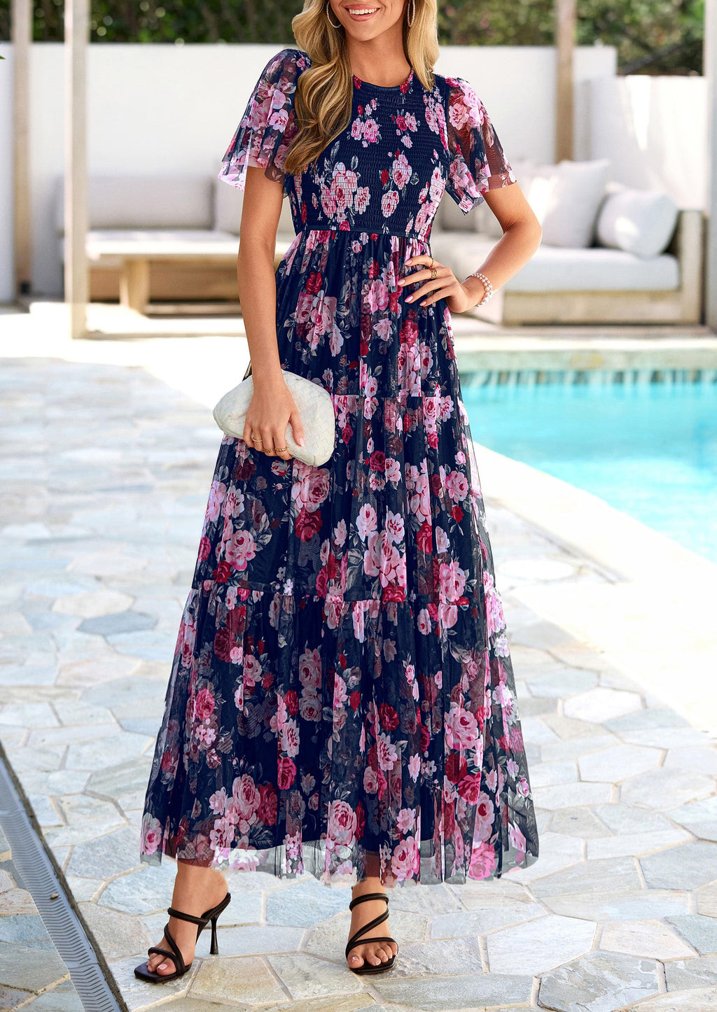PRETTYGARDEN Tulle Floral Dress Women Summer Wedding Guest  Spring Short Sleeve Maxi Smocked Flowy Beach Party Dresses