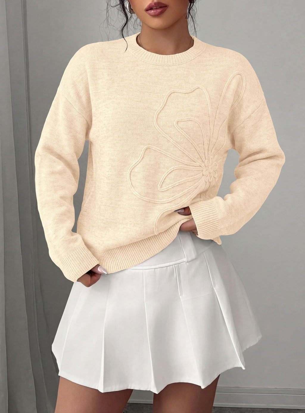 PRETTYGARDEN Women Fall Sweaters Trendy Floral Knit Pullover | Flower Embroidered Tops, Crew Neck, Soft Long Sleeve Shirts, Cozy Winter Layering Clothes for Casual Outing, Holiday Party