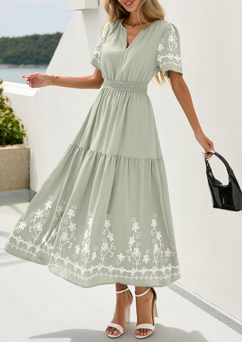 PRETTYGARDEN Women's Summer Boho Maxi Dress Spring Floral Short Sleeve V Neck A Line Flowy Beach Wedding Guest Dresses