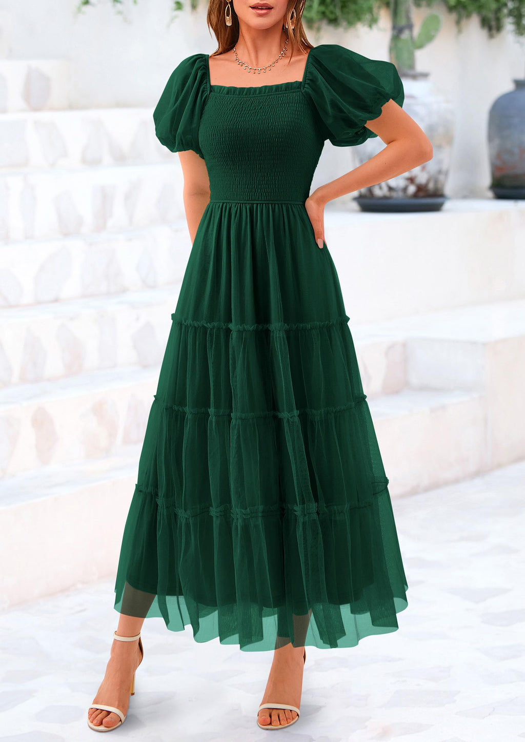 PRETTYGARDEN Women's Smocked Midi Tulle Dress  Summer Puffy Short Sleeve Square Neck Ruffle Wedding Guest Party Dresses