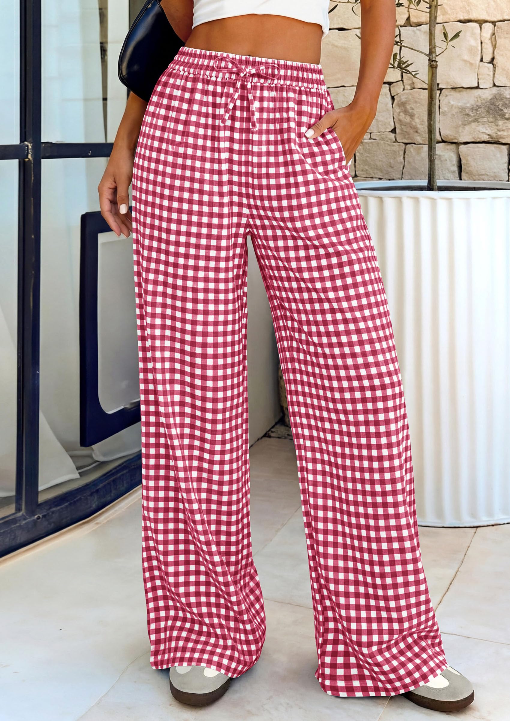 PRETTYGARDEN Women's Wide Leg Gingham Lounge Pants Summer  Casual Plaid Trousers Spring Y2K Clothes Comfy Pajama Bottoms
