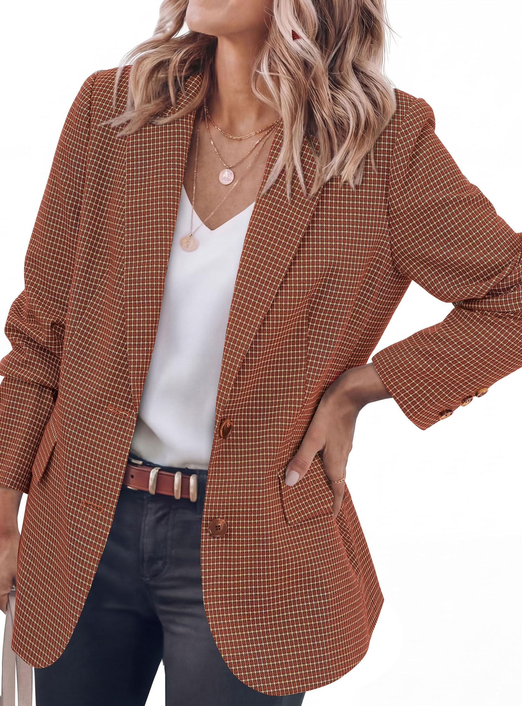 PRETTYGARDEN Fall Blazers for Women Business Casual | Long Sleeve Plaid Houndstooth, Notch Lapel Pockets, Oversized Blazer Outerwear, Trendy Suit Jackets, 2026 Winter Work Outfits