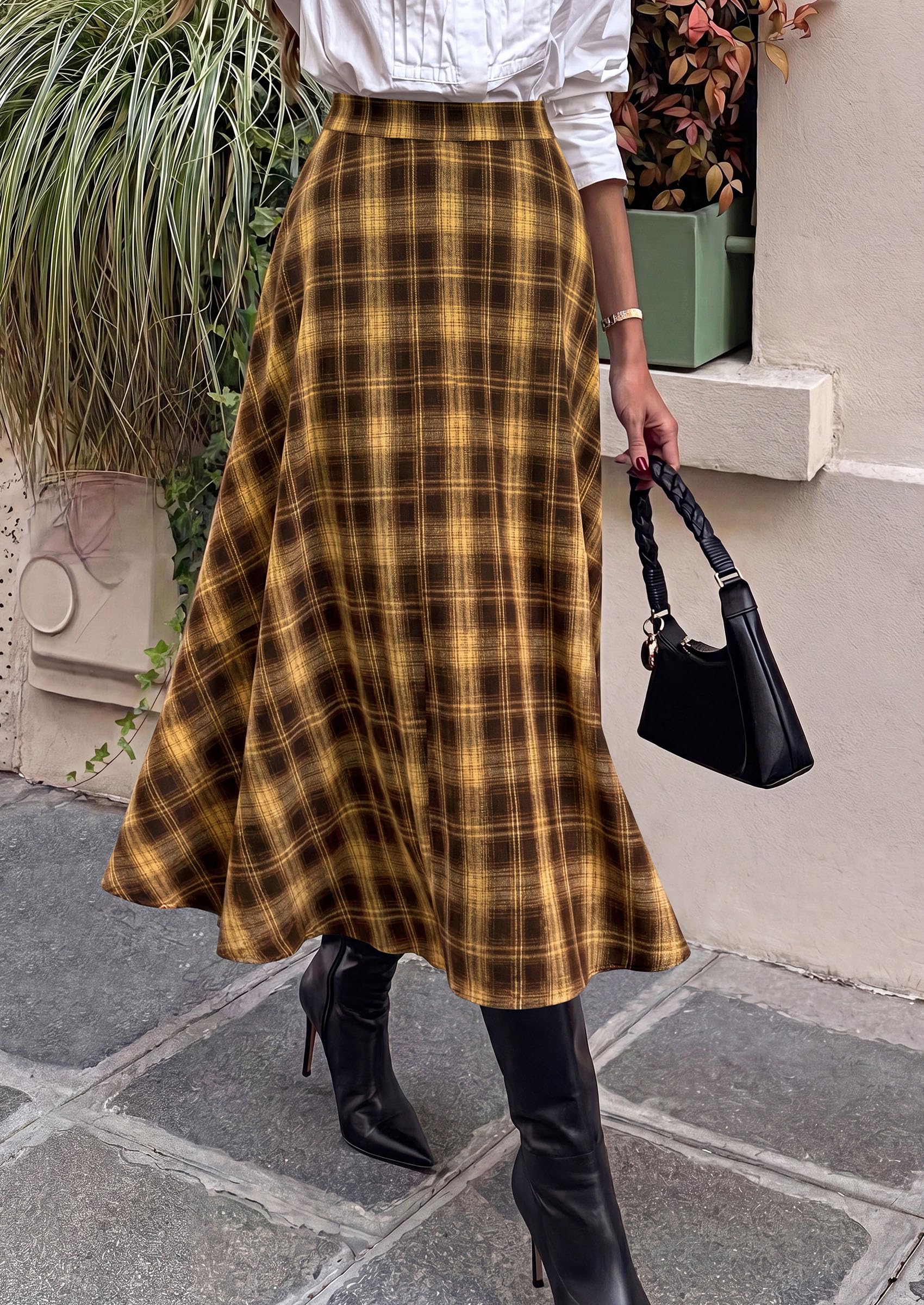 PRETTYGARDEN Women's Plaid High Waisted A-Line Midi Skirts
