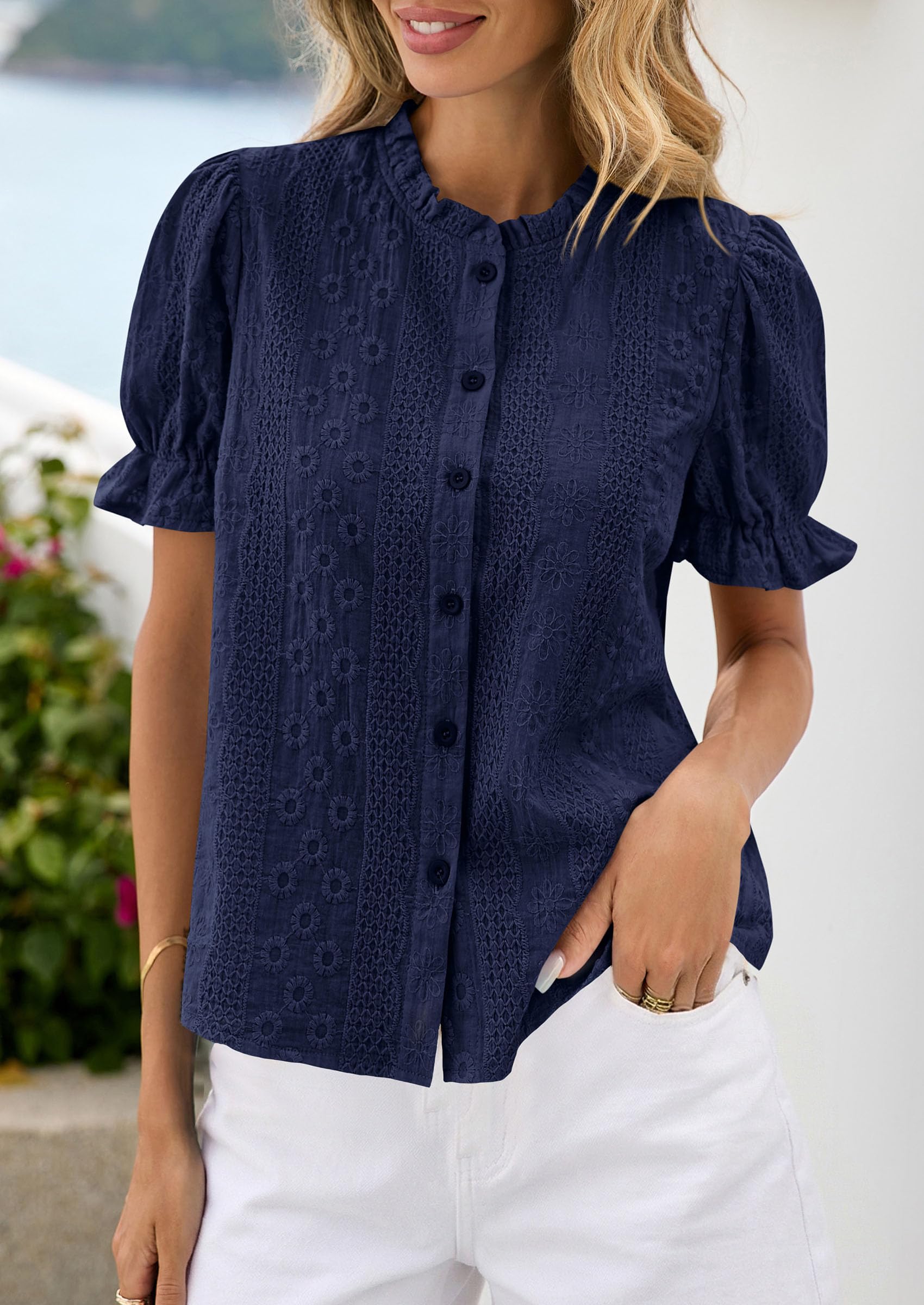 PRETTYGARDEN Womens Puff Short Sleeve Tops  Summer Spring Button Down Boho Embroidered Cute Blouse Dressy Casual Shirts