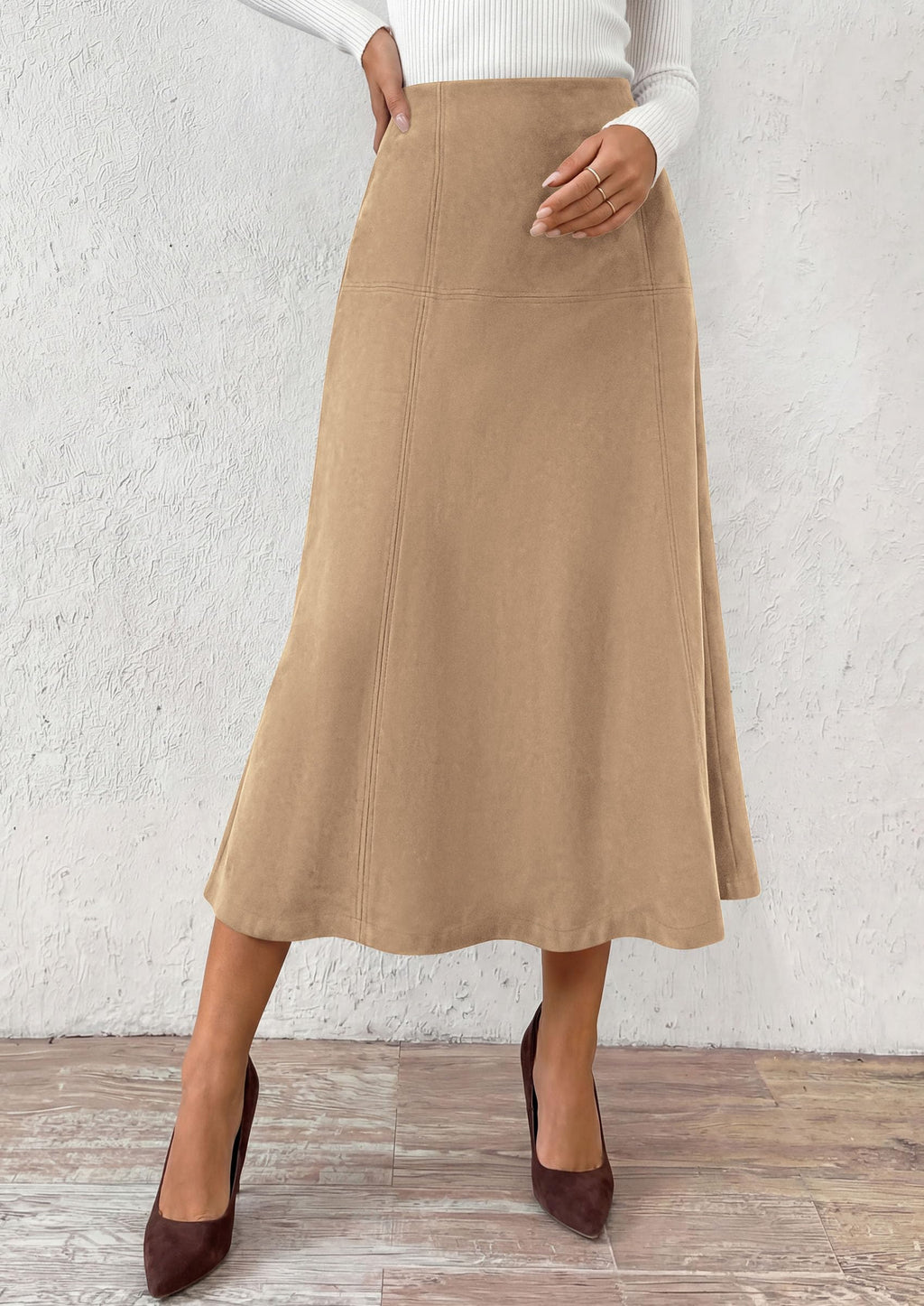 PRETTYGARDEN Womens High Waist Faux Suede A Line Midi Skirt | Hidden Stretch Elastic Waist, Front Back Panel Stitching, Vintage Elegant Mid-Calf Long Skirts for Fall Winter Office Daily