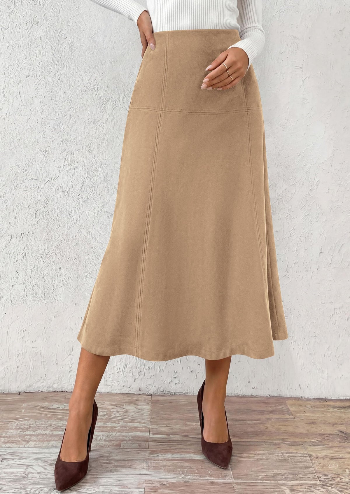PRETTYGARDEN Womens High Waist Faux Suede A Line Midi Skirt | Hidden Stretch Elastic Waist, Front Back Panel Stitching, Vintage Elegant Mid-Calf Long Skirts for Fall Winter Office Daily