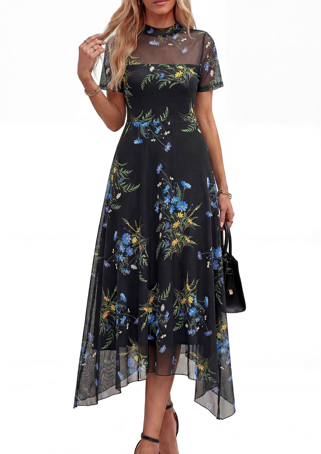 PRETTYGARDEN Cocktail Dresses for Women  Summer Short Sleeve Floral Mesh Sheer Midi Party Wedding Guest Dress