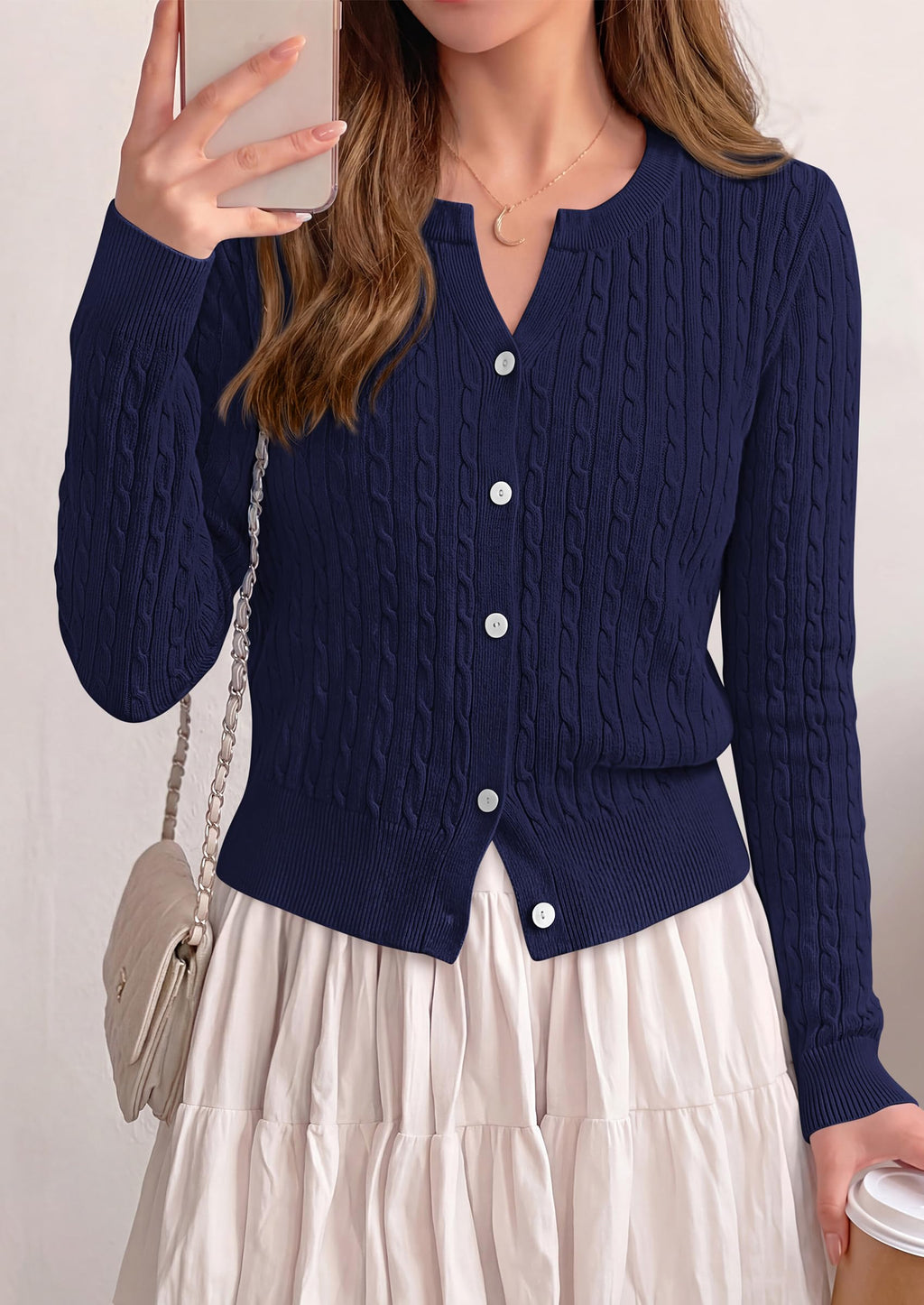 FreshPretty Women's Cable Knit Cropped Cardigan Sweater V Neck Button Down | Soft Lightweight Cable Knit, Long Sleeve, V Neck Button Front, Cropped Ribbed Trim, Business Casual Fall Winter Layering