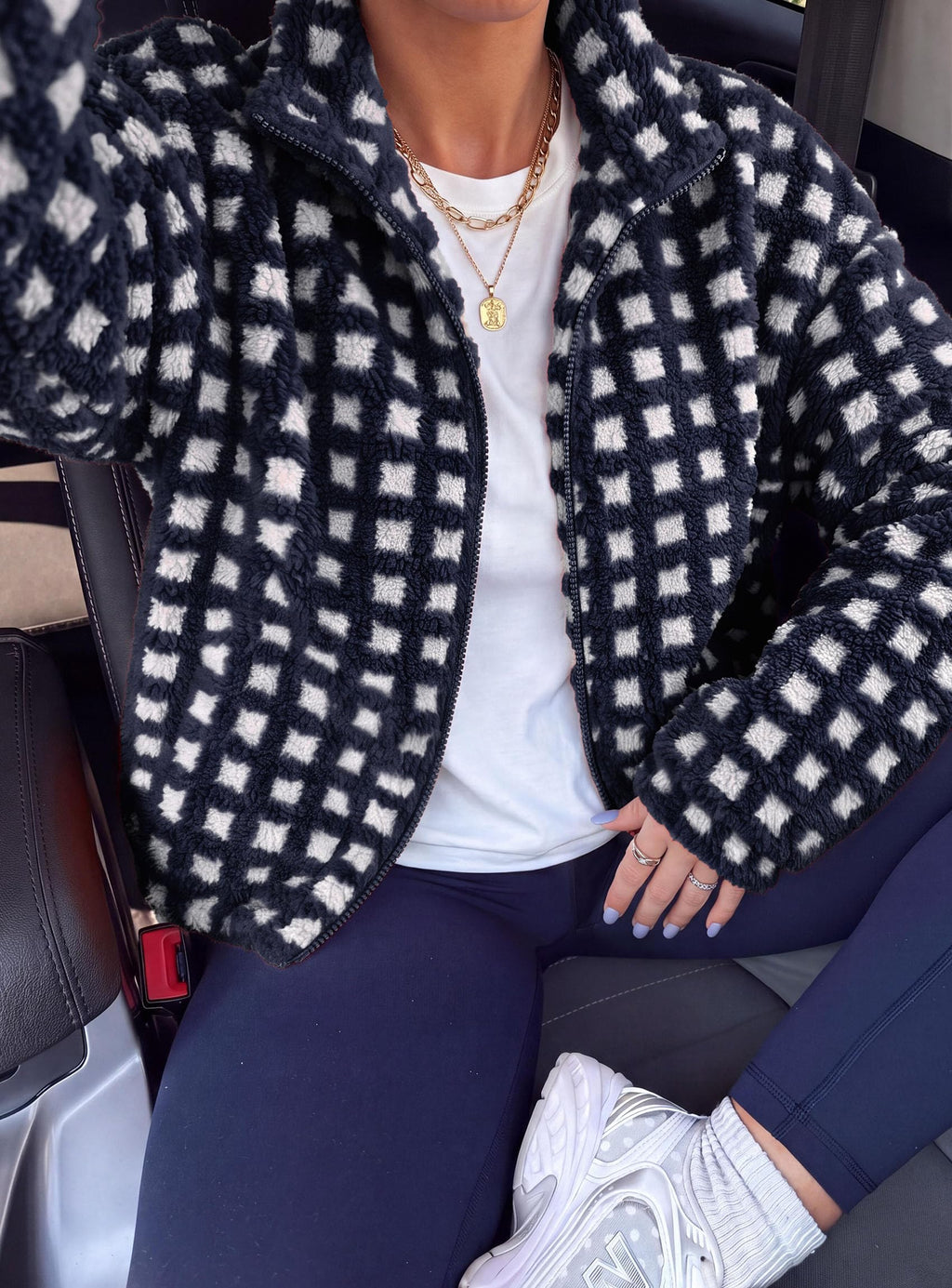 PRETTYGARDEN Women's Gingham Sherpa Fleece Jacket Plaid Cropped Teddy Coat Trendy Y2K Winter Jacket, Zip Up Stand Collar, Side Pockets, Fall Outfit for Casual Daily, Going Out, Streetwear, Outdoor