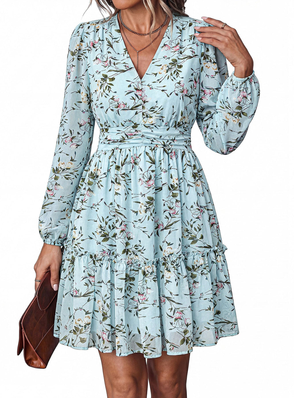 PRETTYGARDEN Women Floral Long Sleeve Mini Dress | Fall Wedding Guest Dresses, V Neck, Fit & Flare, Ruffle Hem A-Line, Short Chiffon Dress, Elegant Holiday Party, Date Outfits