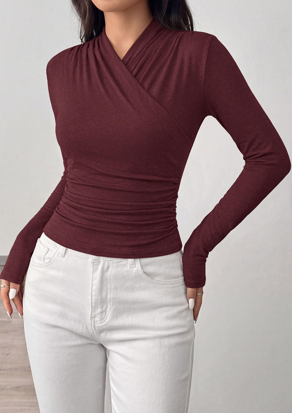 PRETTYGARDEN Womens Long Sleeve Shirts Going Out Wrap Top | Soft Heathered Stretchy Viscose Fitted Blouse, V Neck Ruched Waist Dressy Tops, Office Business Casual Fall Winter Daily Wear