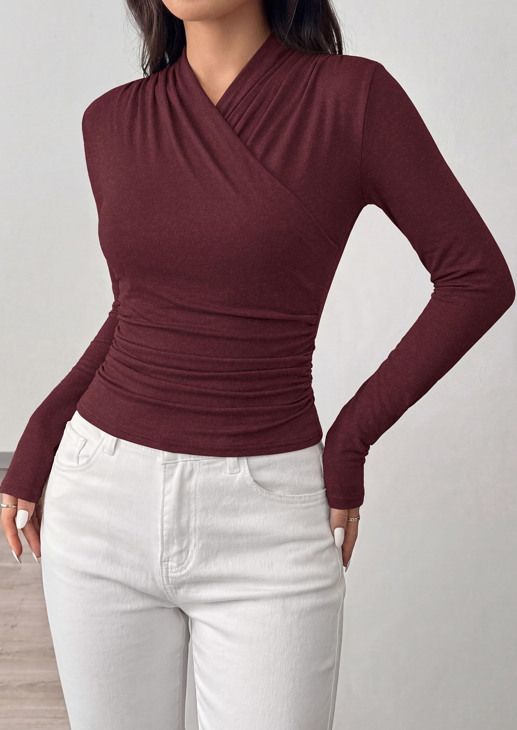 PRETTYGARDEN Womens Long Sleeve Shirts Going Out Wrap Top | Soft Heathered Stretchy Viscose Fitted Blouse, V Neck Ruched Waist Dressy Tops, Office Business Casual Fall Winter Daily Wear