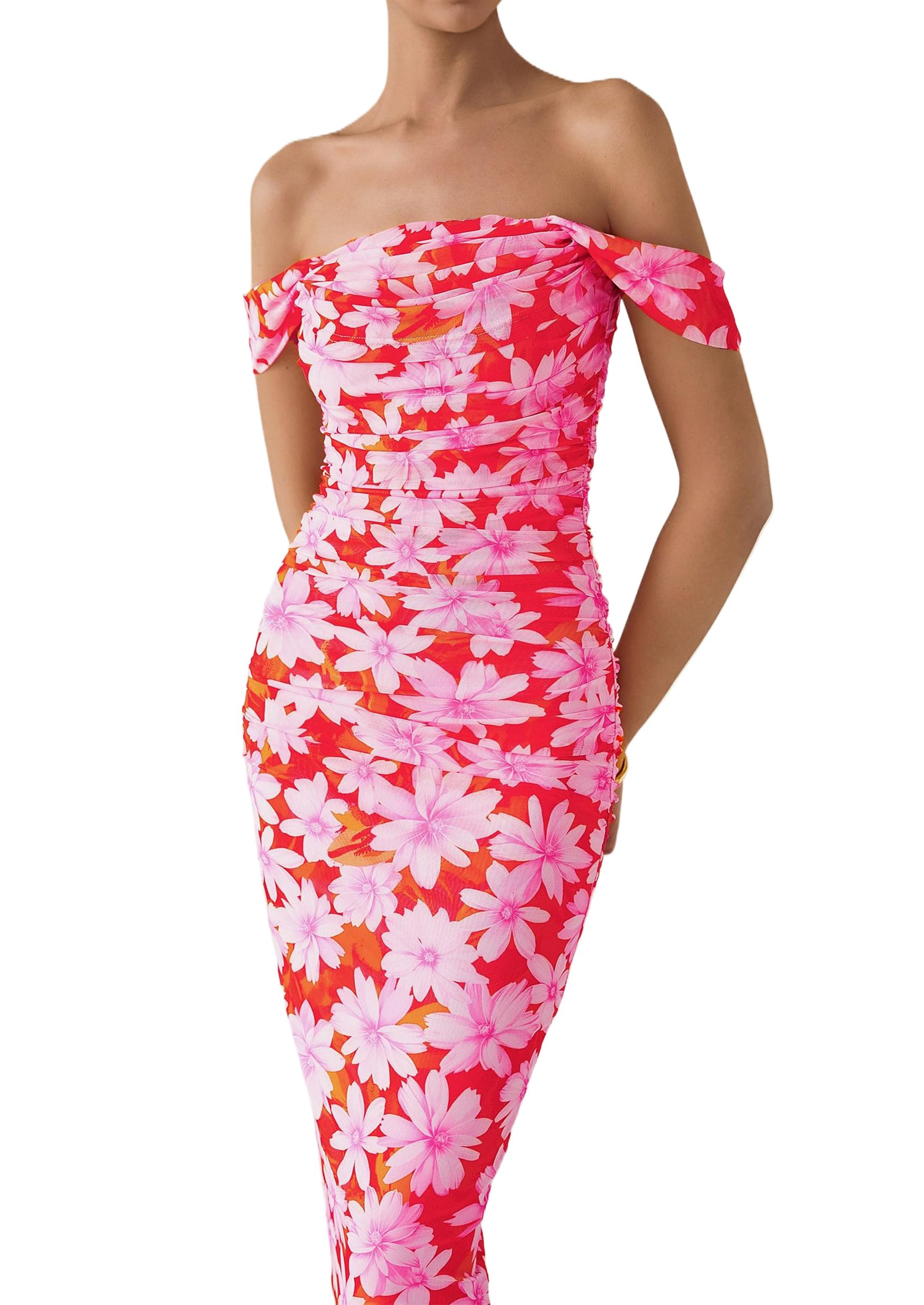 PRETTYGARDEN Cocktail Dresses for Women Summer Floral Off Shoulder Ruched Mesh Elegant Wedding Guest Maxi Dress