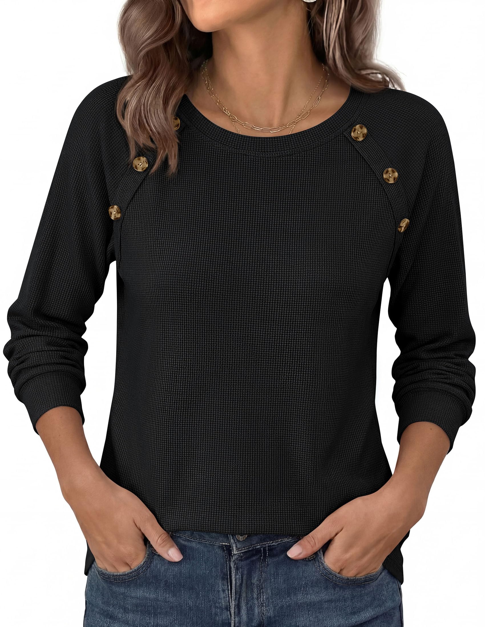 PRETTYGARDEN Long Sleeve Shirts for Women Waffle Knit Tops Fall Fashion Dressy Casual Loose Tunic Blouse Winter Clothing