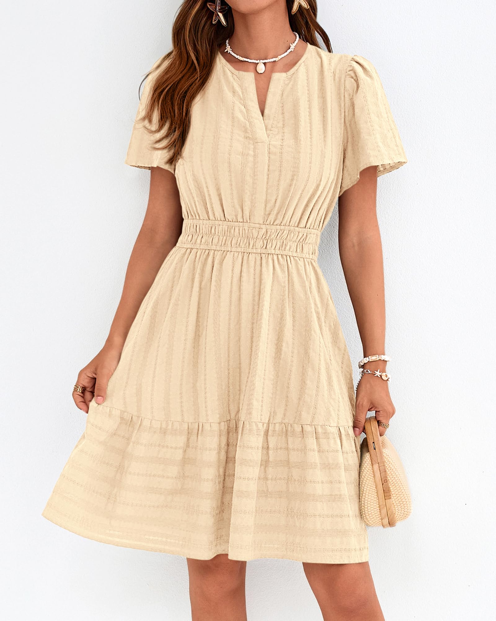BTFBM Womens Spring  Casual Mini Dresses Lightweight Short Sleeve V Neck Elastic Waist Cute Boho Beach Dress Pockets