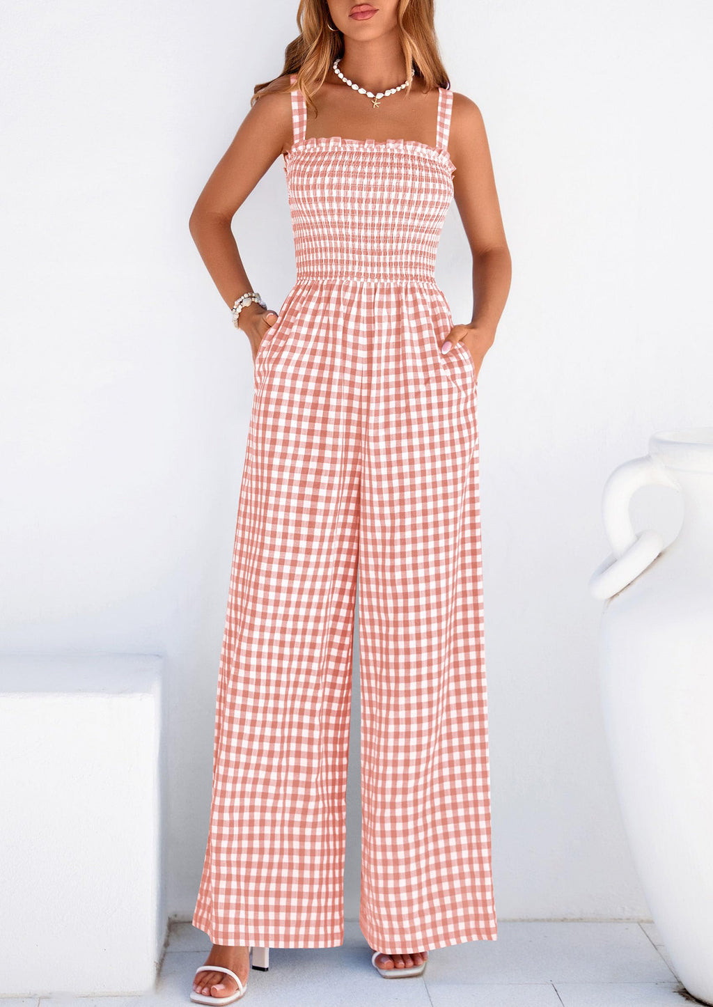 PRETTYGARDEN One Piece Jumpsuits for Women Casual Summer Cruise Outfits  Spring Fashion Smocked Wide Leg Gingham Rompers