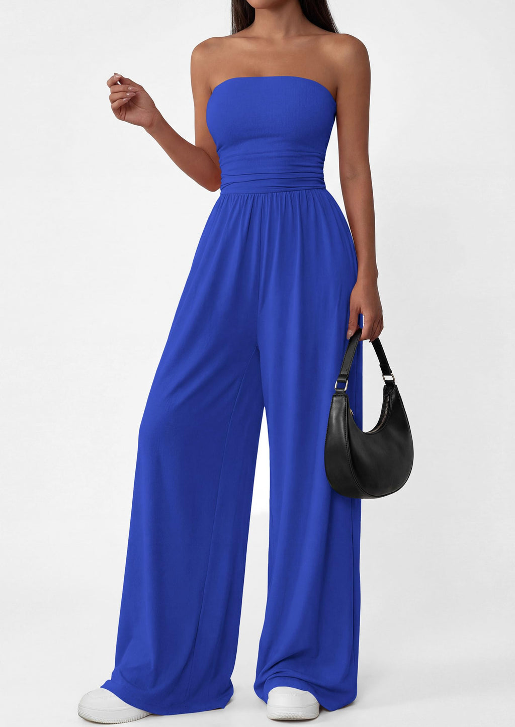 PRETTYGARDEN Womens Trendy Strapless Rompers Ruched Tube Top Wide Leg One Piece Jumpsuits Beach Vacation Summer Outfits