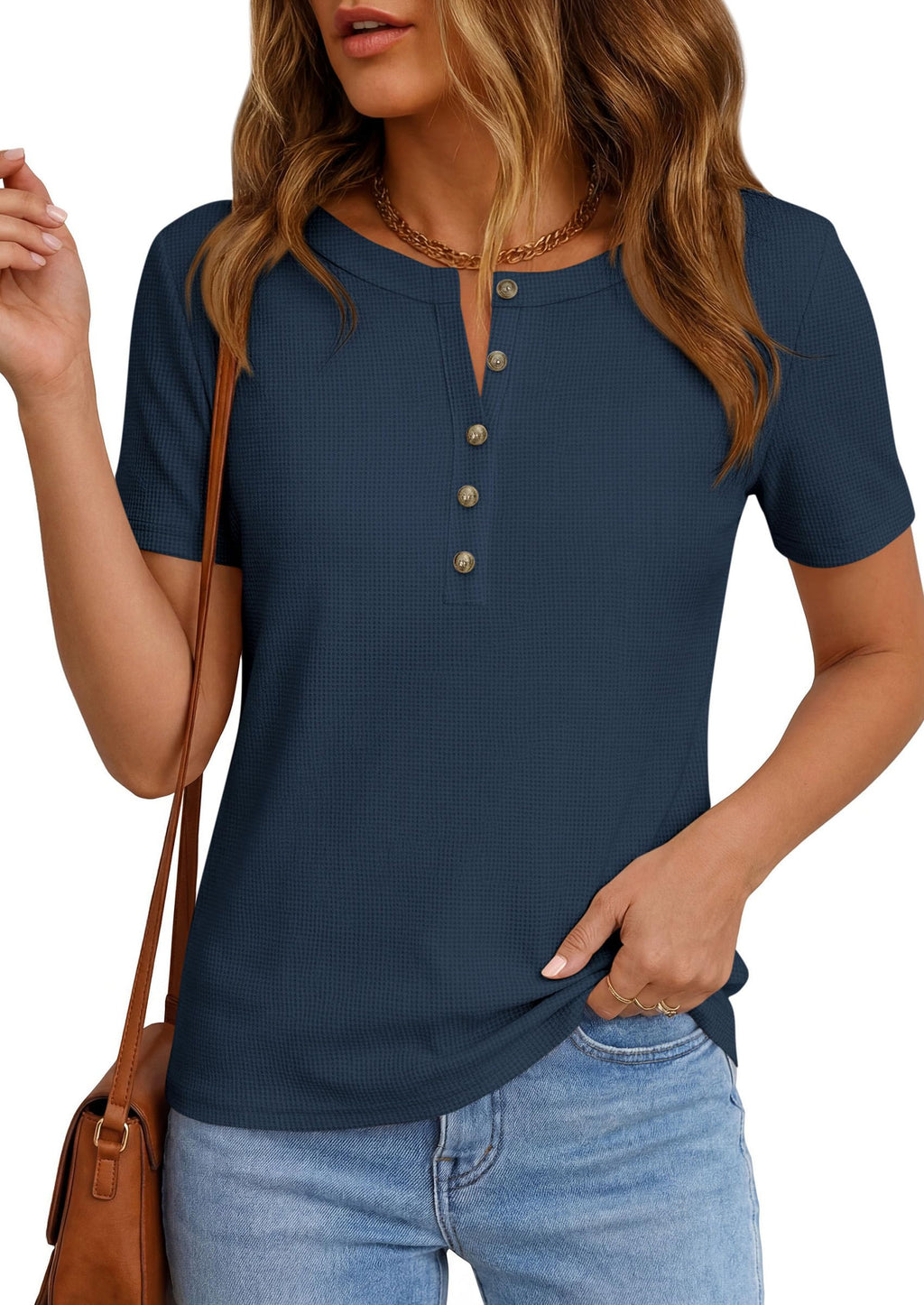 PRETTYGARDEN Waffle Knit Tops for Women Short Sleeve Henley Shirts  Summer Blouses Dressy Casual Spring Fashion Clothes