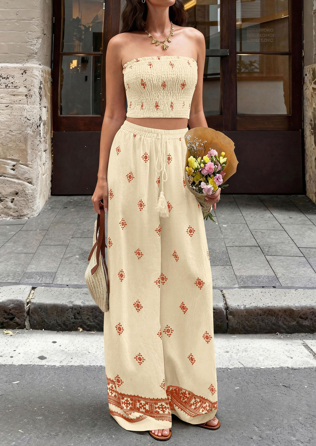 PRETTYGARDEN 2 Piece Sets for Women Summer  Travel Outfits Print Tube Tops Wide Leg Pants Beach Vacation Clothes