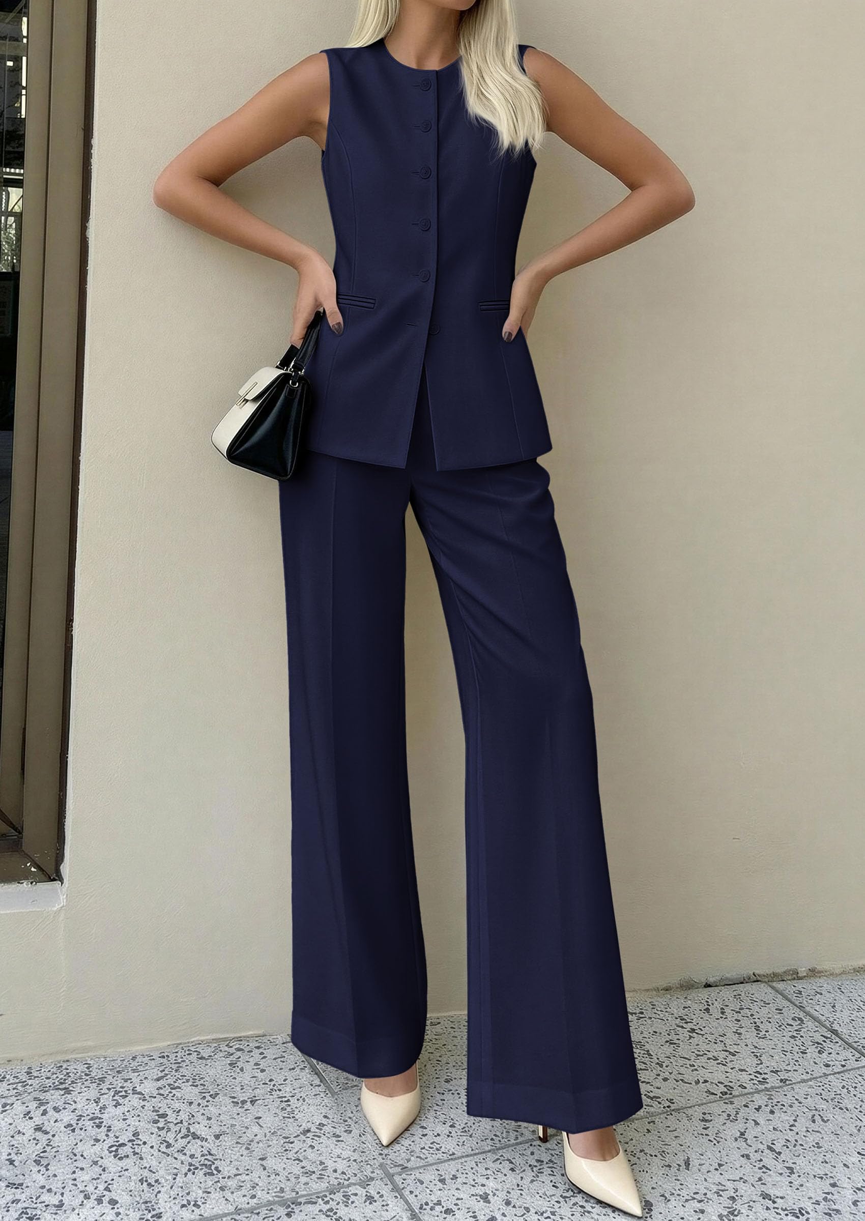 PRETTYGARDEN Women's 2 Piece Sets Summer  Work Clothes Sleeveless Blazer Vest Pants Suits Spring Business Casual Outfits