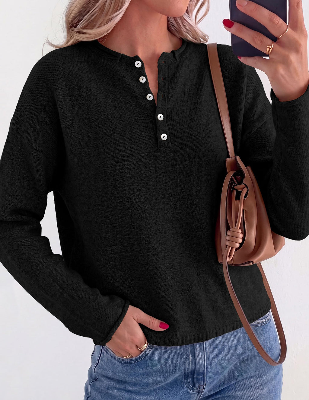 PRETTYGARDEN Women's Fall Button Up Cozy Pullover Sweaters | Stretchy Soft Knit, Drop Shoulder Long Sleeve Tops, Henley Crewneck Rolled Edge, Dressy Casual Blouses, Trendy Winter Clothes