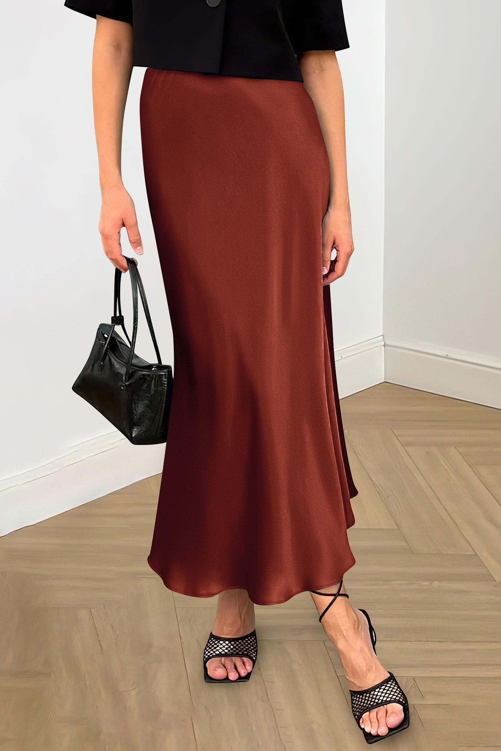 PRETTYGARDEN Women's Satin Skirts Dressy Casual Fall High Waisted Cocktail Wedding Flowy Elegant A Line Midi Skirt