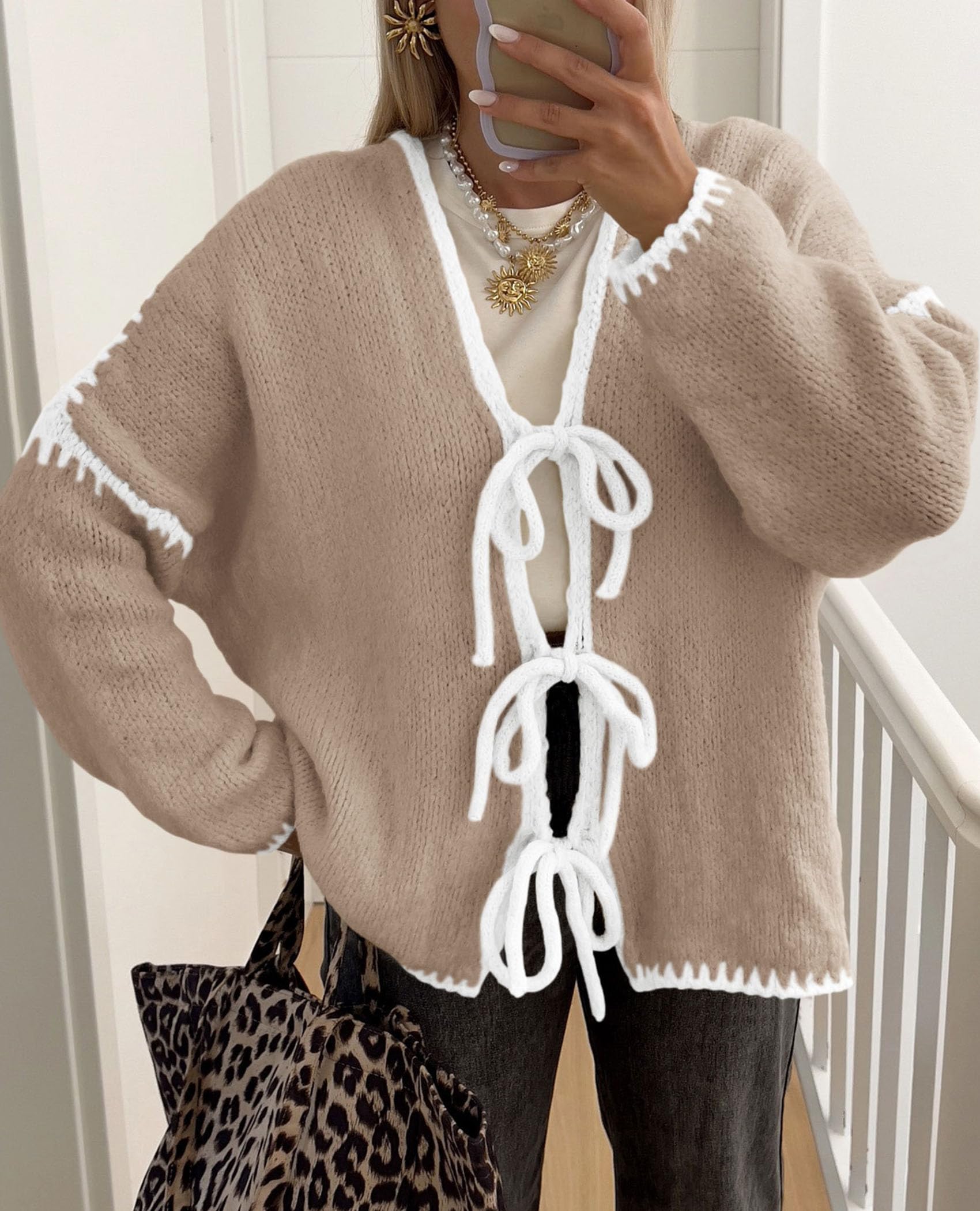 PRETTYGARDEN Women's Tie Front Bow Cardigan Sweaters Chunky Knit Long Puff Sleeve Trendy Fall Winter Jacket Coat