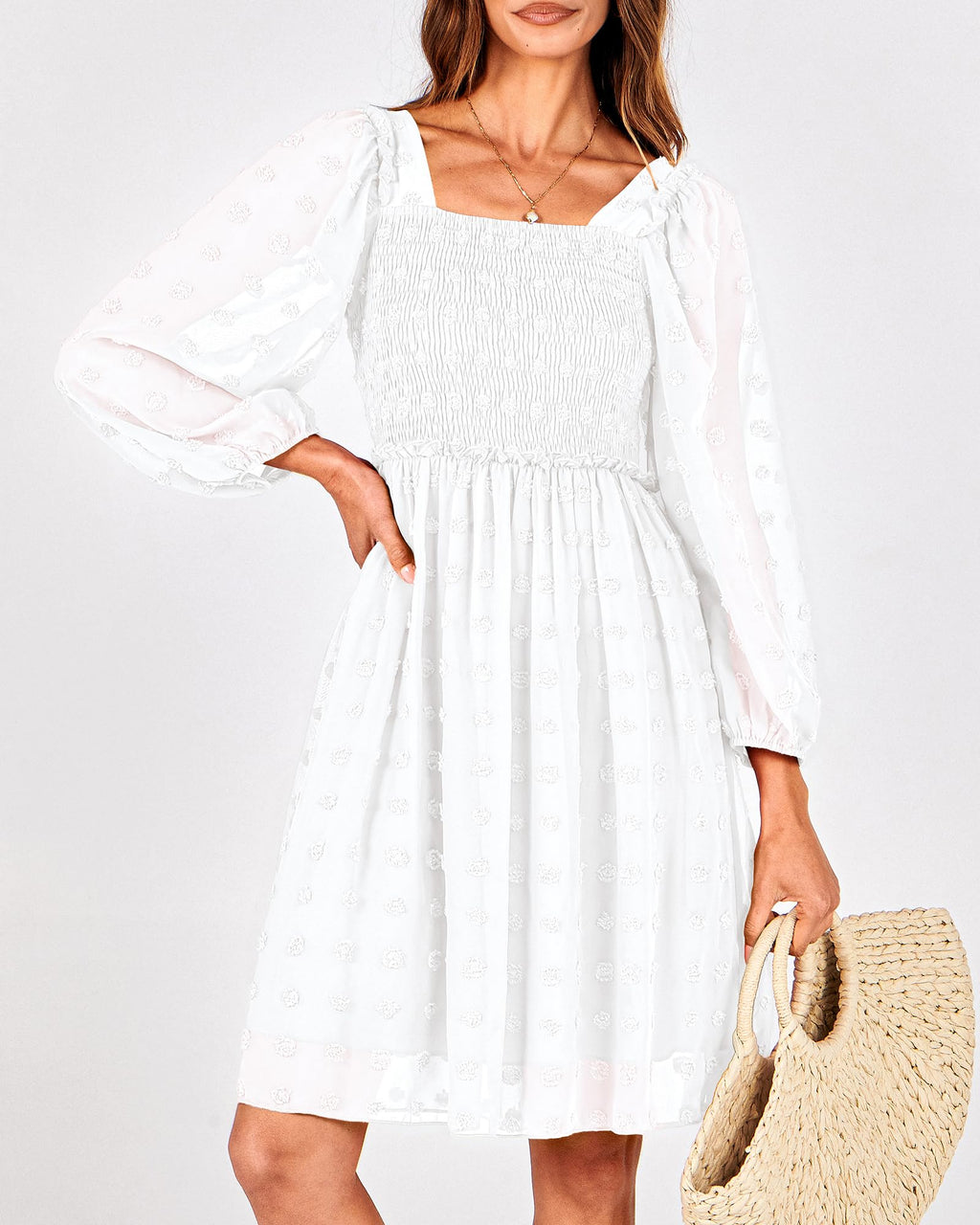 BTFBM Womens Long Sleeve Dress Summer Vacation Square Neck Smocked Floral Mini Boho Spring Wedding Guest Dresses