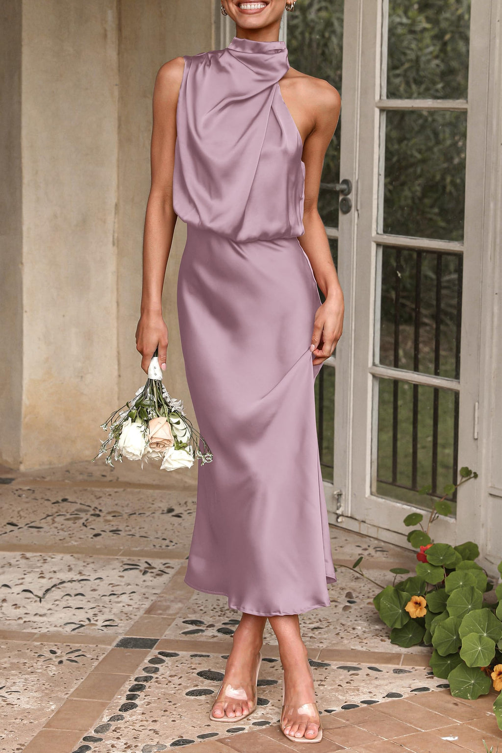 PRETTYGARDEN Women's Summer Satin Dress Elegant Sleeveless Mock Neck Cocktail Party Maxi Dresses