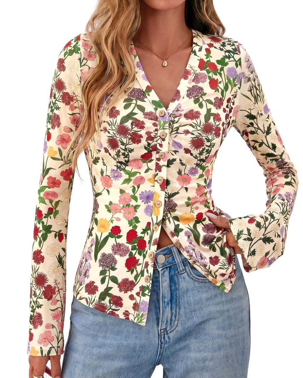 BTFBM Button Down Shirts for Women Spring Boho Tops V Neck Long Sleeve Blouses Ruched Mesh Fitted Fall Fashion