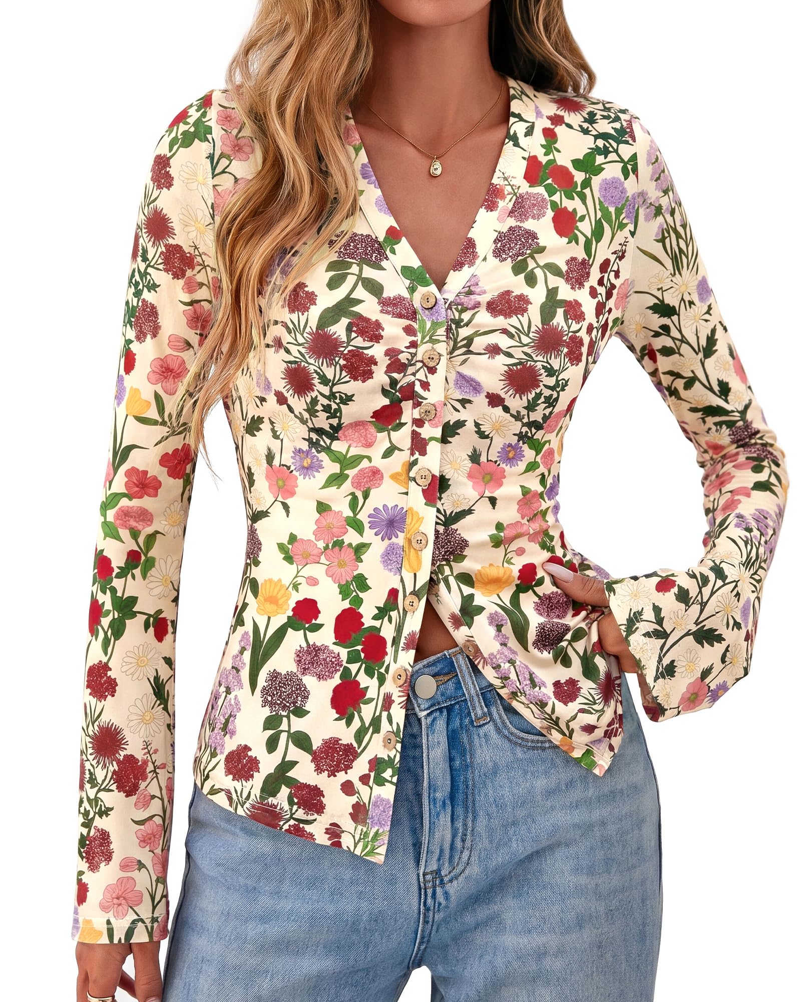 BTFBM Button Down Shirts for Women Spring Boho Tops V Neck Long Sleeve Blouses Ruched Mesh Fitted Fall Fashion