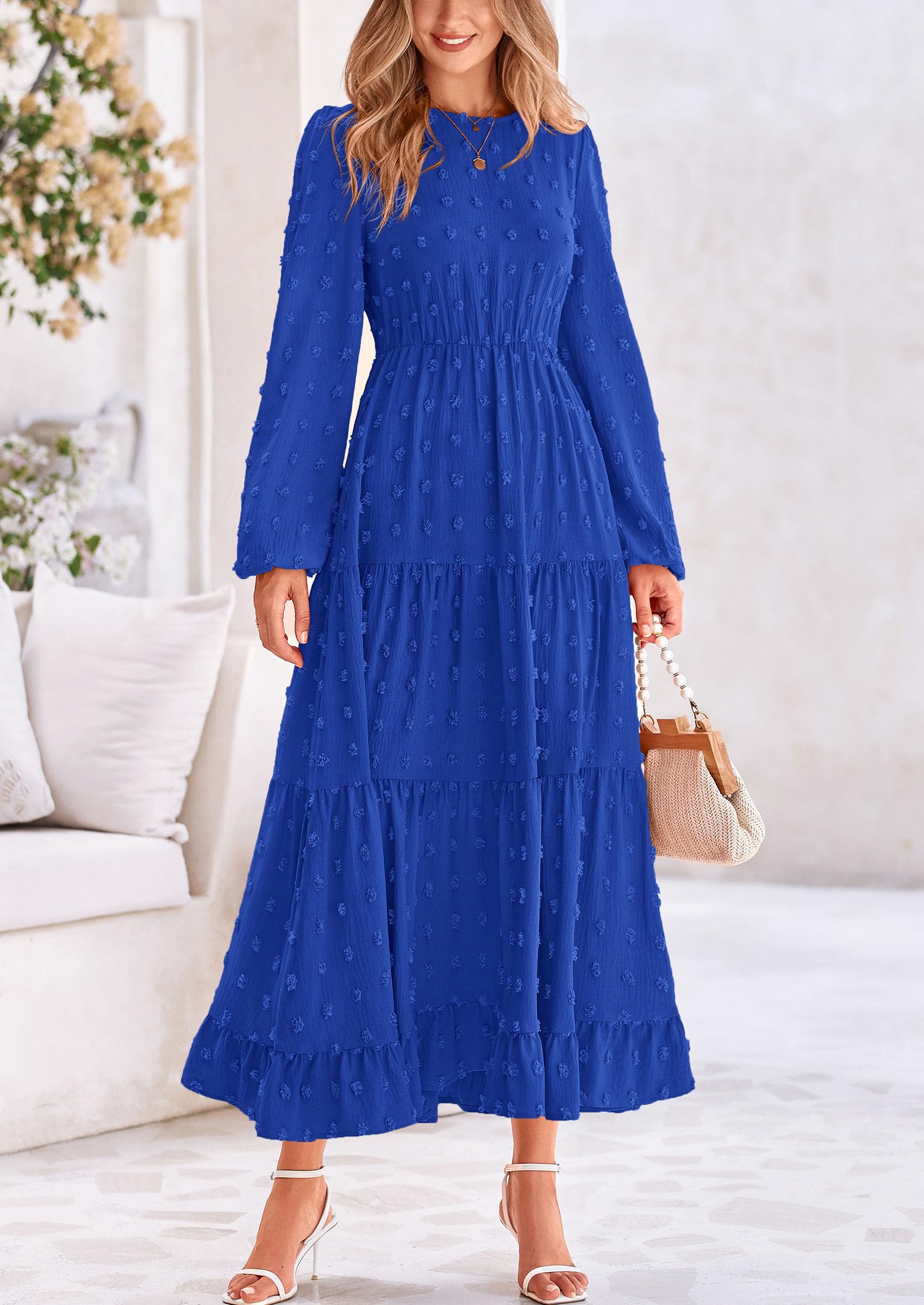 PRETTYGARDEN Women's Fall Spring Elegant Long Sleeve Maxi Dress Swiss Dot A Line Flowy Casual Holiday Party Going Out Dresses