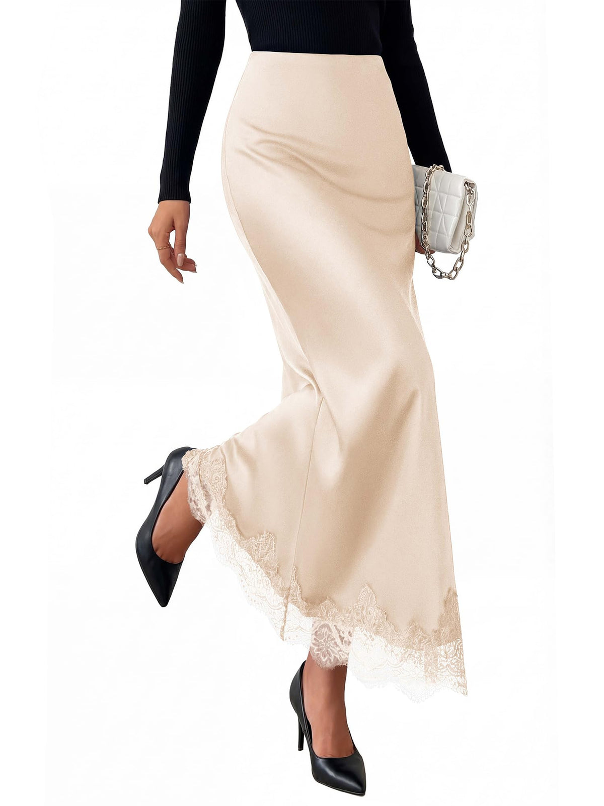 BTFBM Lace Trim Satin Skirts for Women Elegant | Lightweight, High Waist, A-Line, Flowy Maxi Skirt, Wedding, Cocktail, Graduation, Holiday Outfits, Fall Fashion Clothing