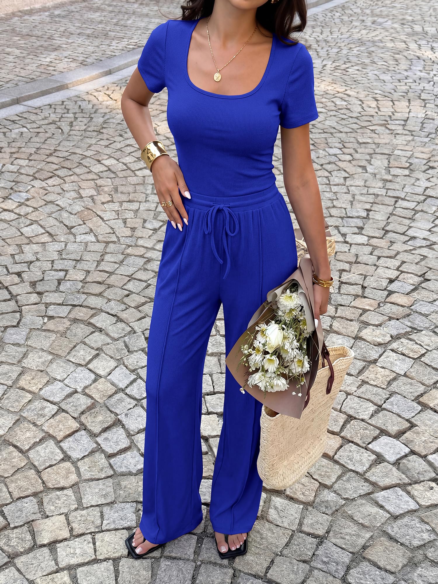 BTFBM Womens Summer 2 Piece Outfits Square Neck Short Sleeve Drawstring Pants Knit Spring Lounge Matching Sets