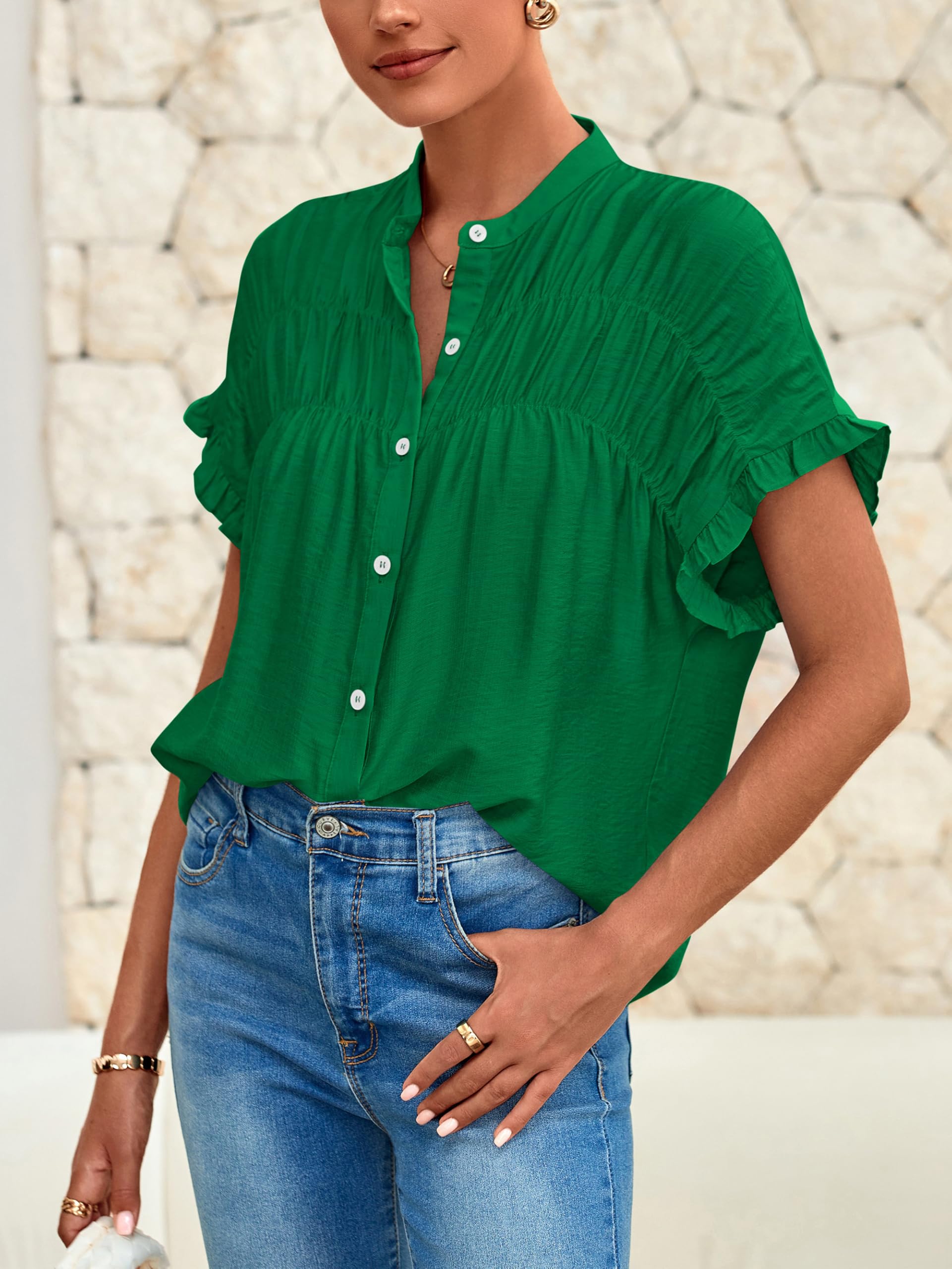 FreshPretty Womens Button Down Shirts Ruffle Short Sleeve Loose Summer Tops Dressy Casual V Neck Business Work Blouses