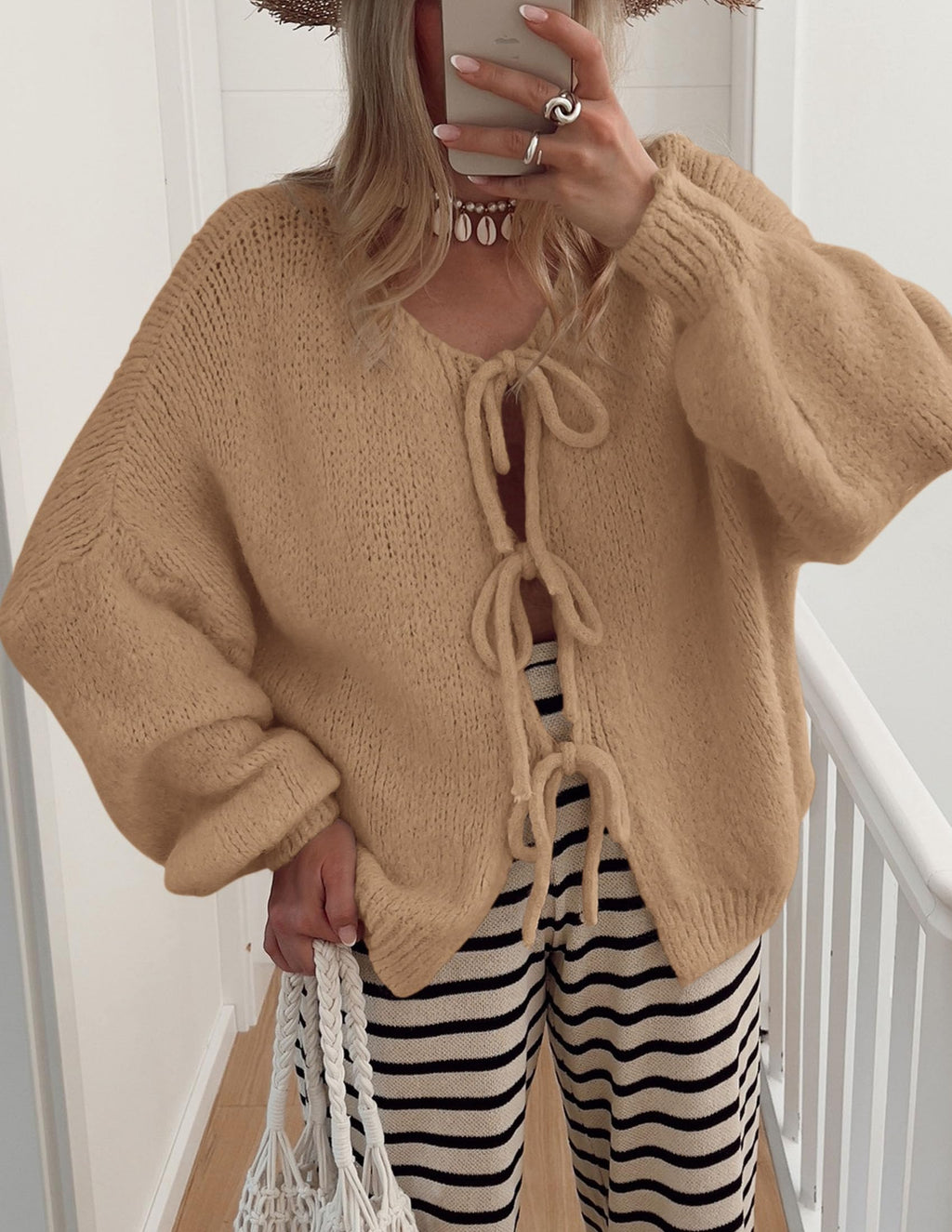 PRETTYGARDEN Women's Tie Front Bow Cardigan Sweaters Chunky Knit Long Puff Sleeve Trendy Fall Winter Jacket Coat